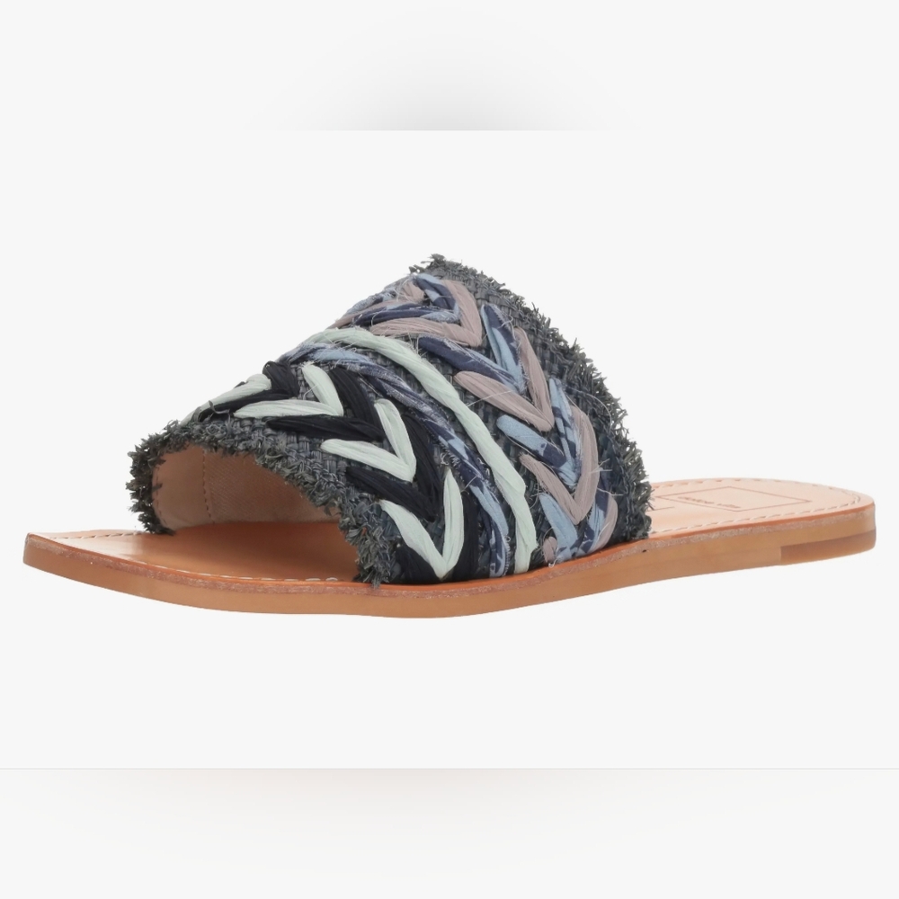 Dolce Vita Corey Slide Sandals, likely in the "Blue Multi Raffia" 8.5